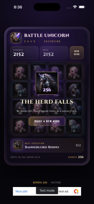 Battle Unicorn 2048 gameplay showing a 256 unicorn tile and a game over screen reading The Herd Falls